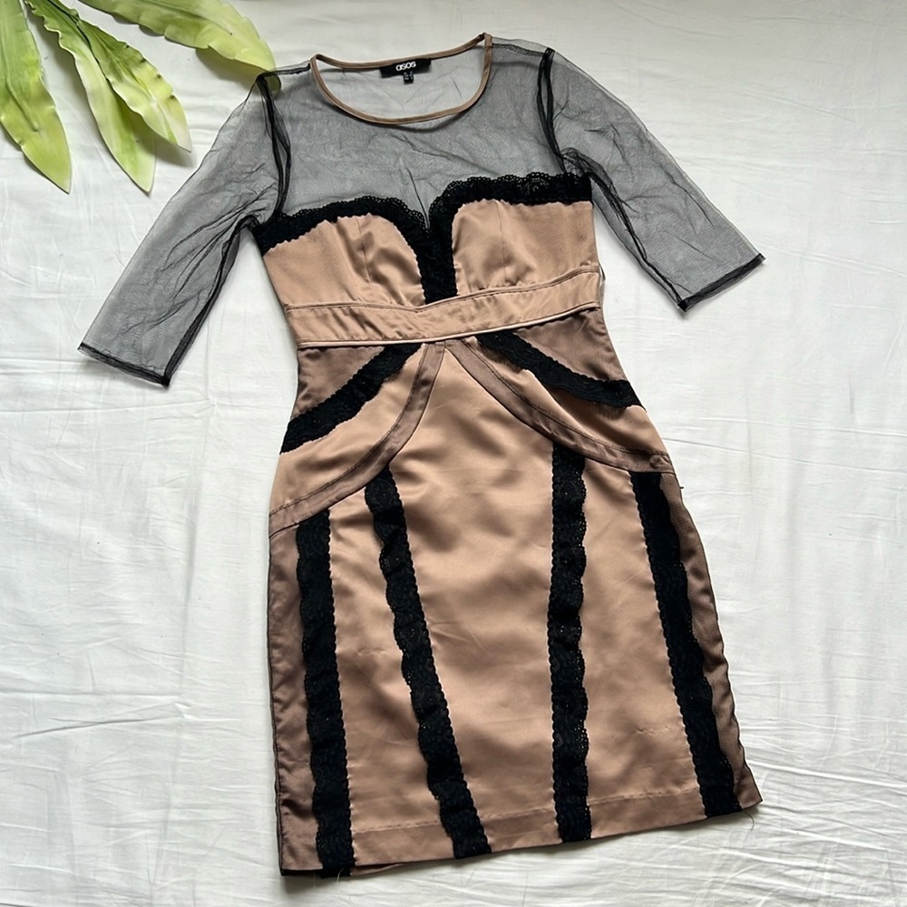 ASOS Champagne Satin Mesh Bodycon Dress - Picture 2 of 8